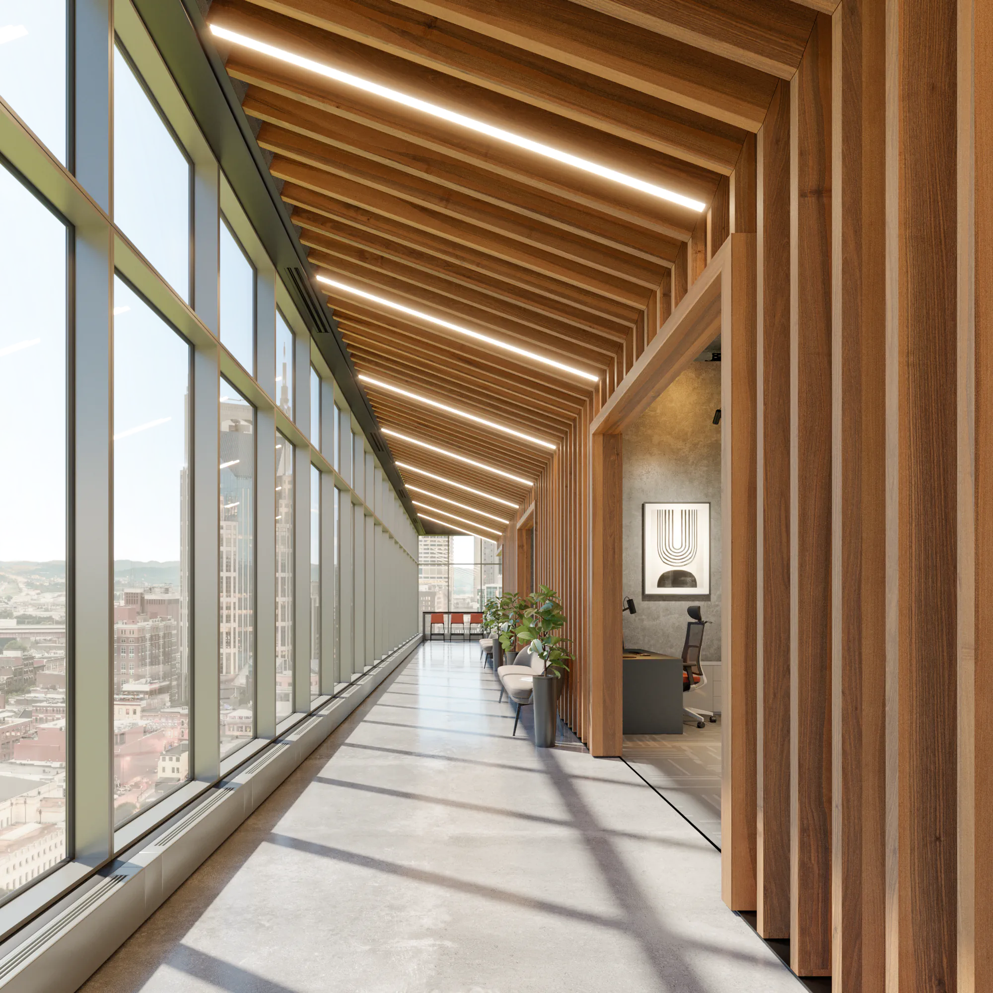 Hallway with Rensa wood acoustic baffles